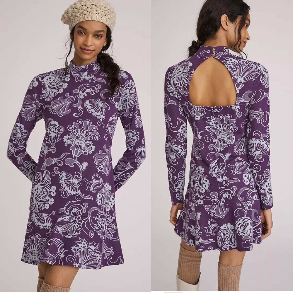 Anthropologie Purple & White Floral Cutout-Back Mini Dress